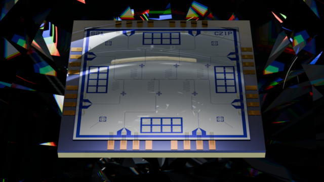 Superconducting quantum processor chip, representing quantum computing