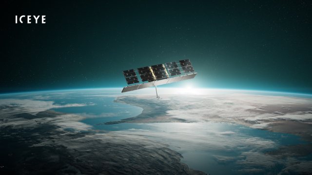 ICEYE synthetic aperture radar satellite in orbit above Earth