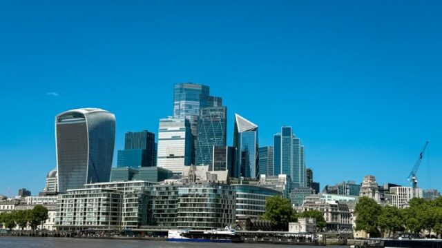 The City of London financial district skyline seen across the Thames