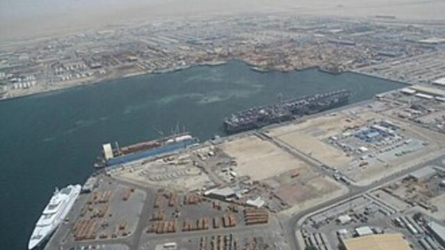 Port with container cranes