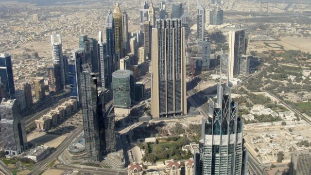 Aerial view of Dubai towers