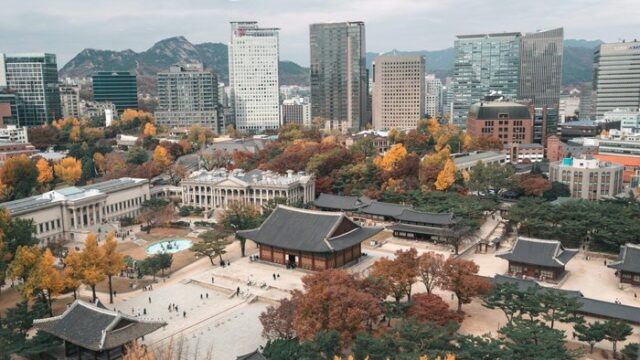 Gyeongbokgung Palace against the modern Seoul skyline in South Korea