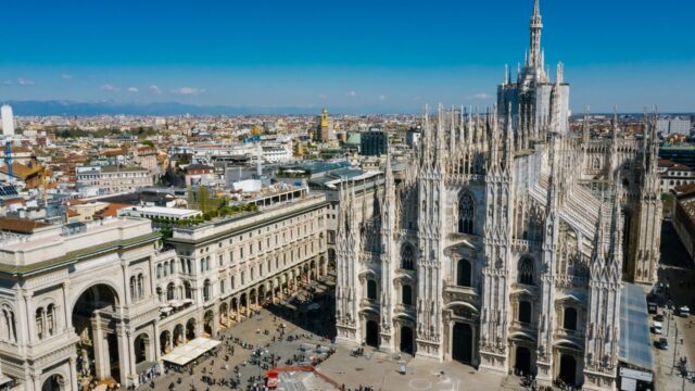 em-ev8-20261024 Aerial view of the Duomo di Milano and Piazza del Duomo, host city of Il Salone dei Pagamenti 2026