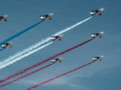 Singapore Airshow Sets Its Next Edition for the Changi Exhibition Centre in February 2028 Jets flying in close formation leaving coloured smoke trails at an airshow